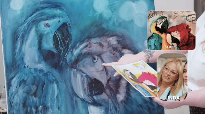Painting underpainting in blue parrots and white highlights with source photo and contestant photo Linda