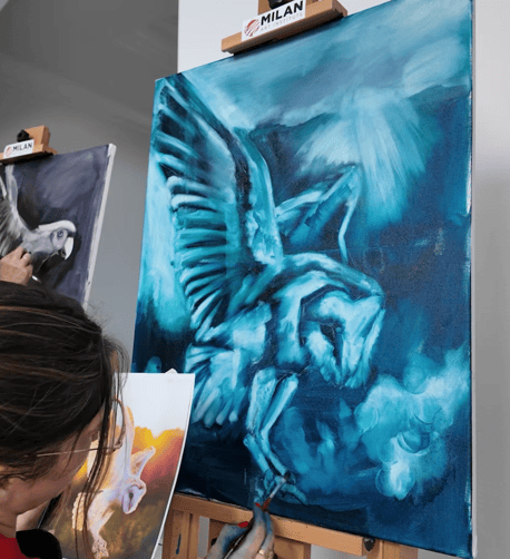 Painting underpainting in blue and white highlights with source photo and contestant photo Briana