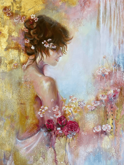 brunet with flowers red roses and daisies gold accents