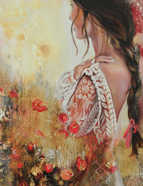 painting of woman gold and red roses accents