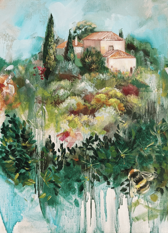 Landscape with house and green pants and trees bumble bee