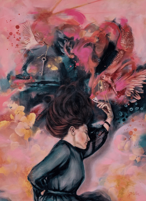 painting of woman in black sleeping hold paint brush surrounded by pink clouds and yellow flowers