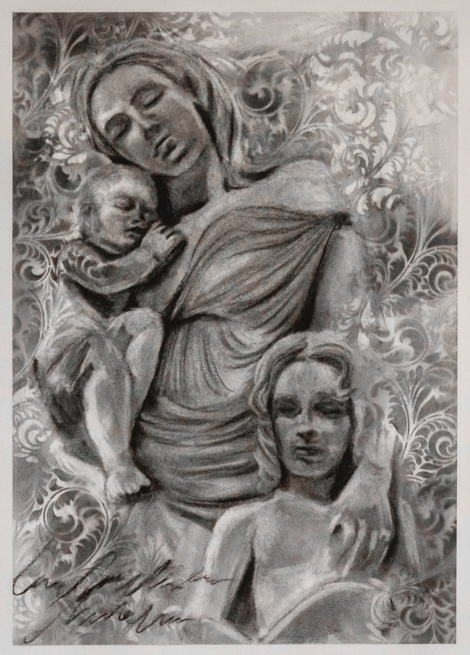 charcola drawing of woman with children patterns