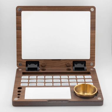 wooden watercolor palette with gold color water cup and white mixing palette