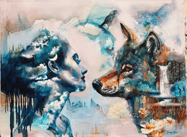 bold color painting of wolf and woman 