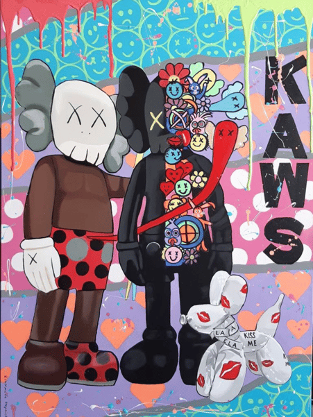 Brian Donnelly painting of two mouse like characters with mixed colors