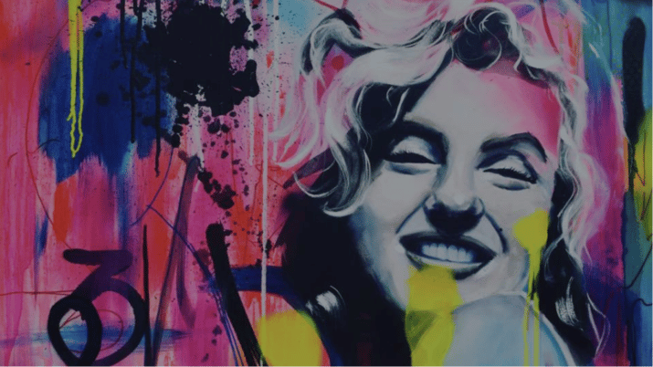 bianca Lever Abstract painting of woman pink yellow black writing