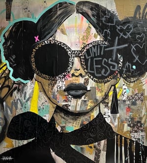 pop art portrait of woman balck hair black glasses grafitti words