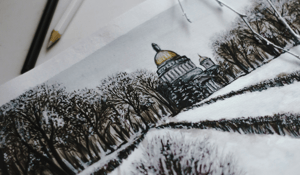 Drawing of winter scene of building with gold and trees