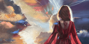 Elli Milan painting of girl in red dress in heaven like environment 
