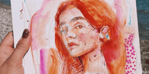 Mixe media portrait sketch orange and pink