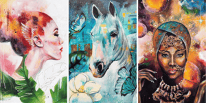 Student work features three paintings with bright colors