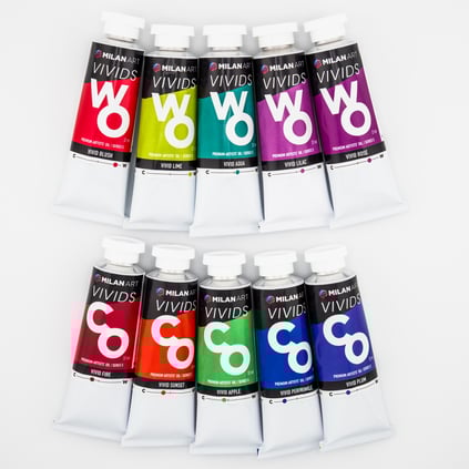 Vivid oil paint tubes red green purple blue orange 