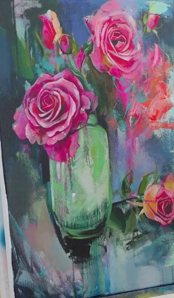 The finished acrylic floral painting from the class: pink roses in a green glass vase