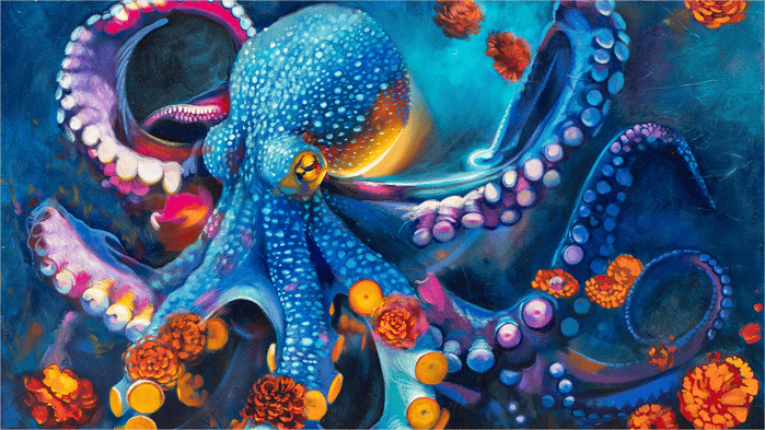 Painting of octopus blue orange flowers purple pink details