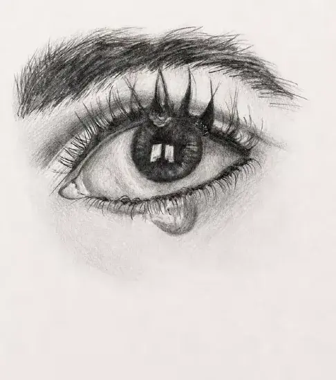 Finished realistic graphite drawing of an eye with lashes and brow