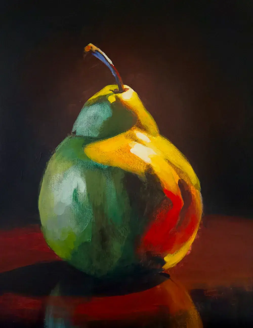 Finished acrylic painting of a green and gold pear on a red table against a dark background