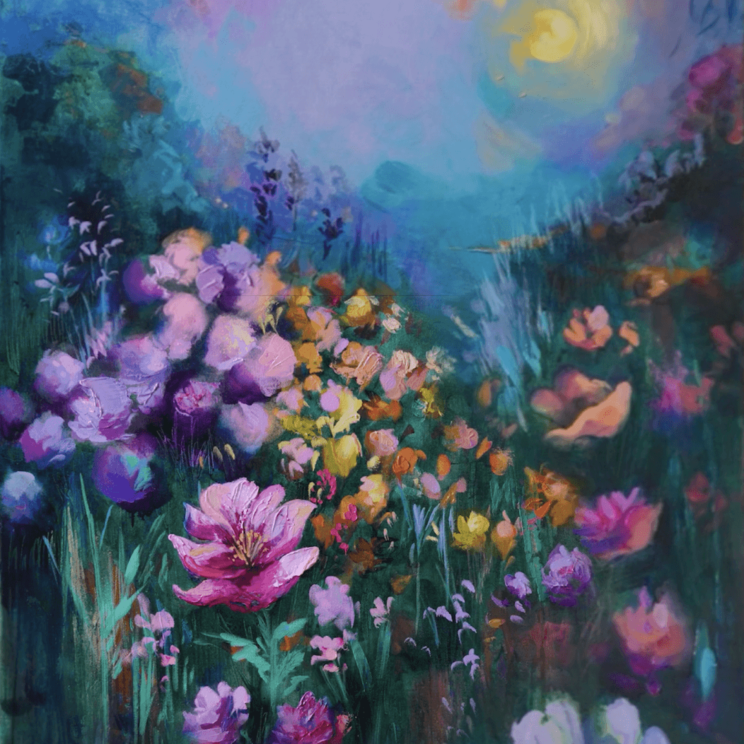 Radiant landscape painting by Lisa Cunningham with textured flowers beneath a luminous sky