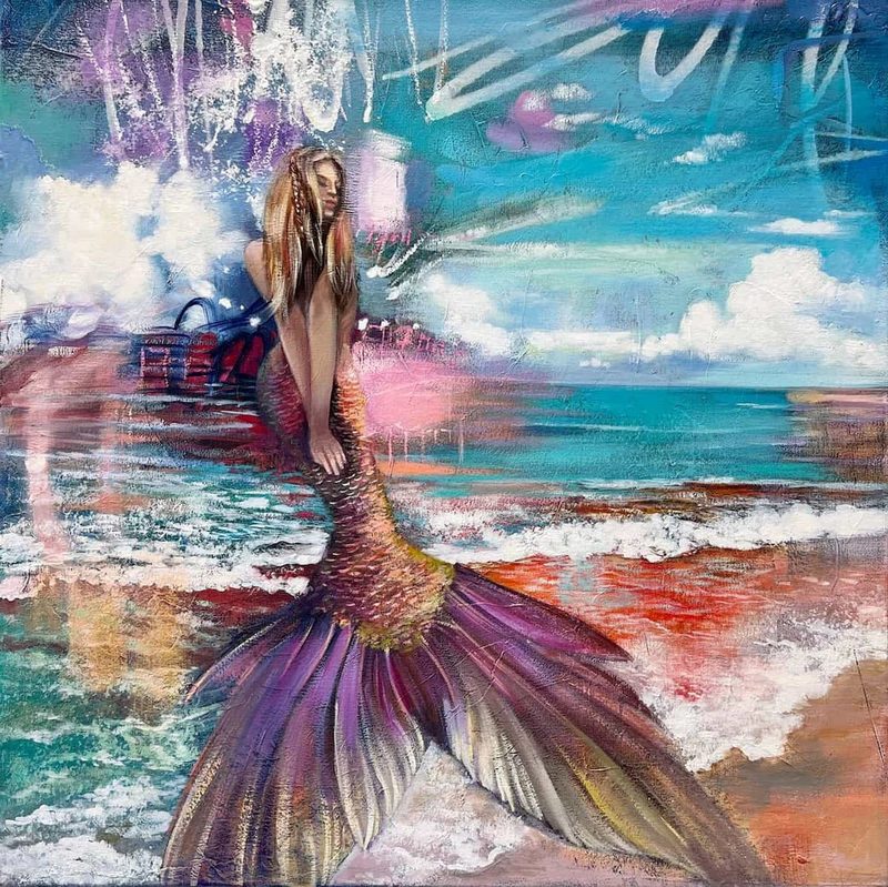 Altruist by Elli Milan: a mermaid sitting on a beach with a purple tail