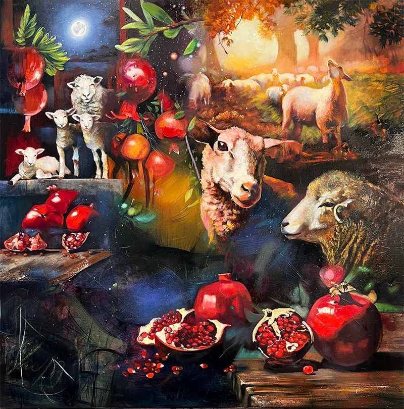 Awakened by the North Wind by Elli Milan: sheep and lambs with split pomegranates under a full moon