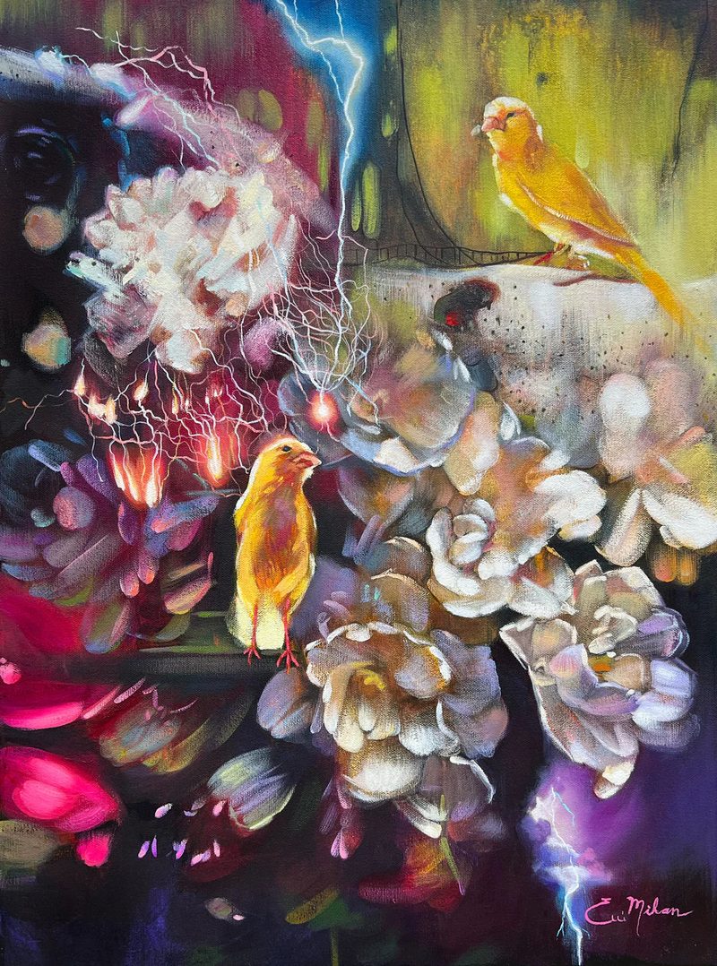 Awestruck by Elli Milan: two yellow canaries among white peonies and lightning