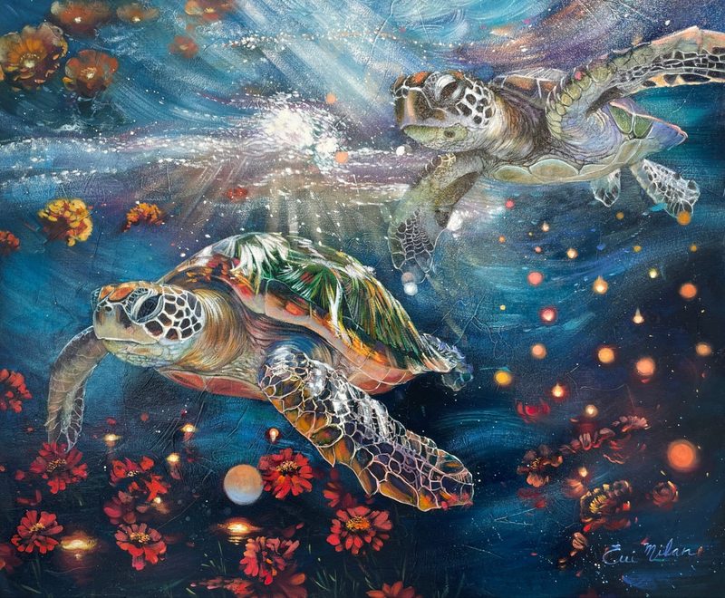 Bound by Light by Elli Milan: two sea turtles swimming through deep blue water among red flowers