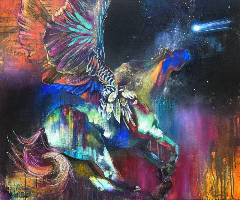 Flying North by Elli Milan: a rainbow-colored winged horse leaping toward a comet