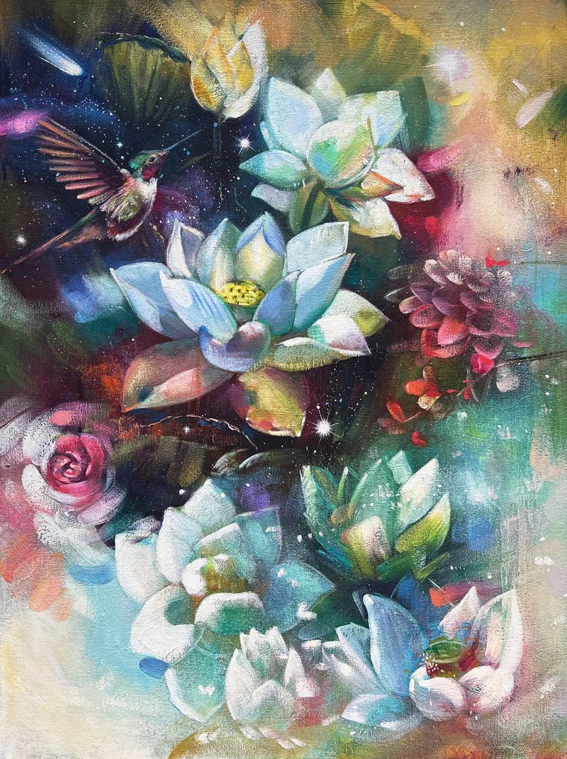 Garden of Bliss by Elli Milan: hummingbird among pale blue lotus flowers and pink blooms