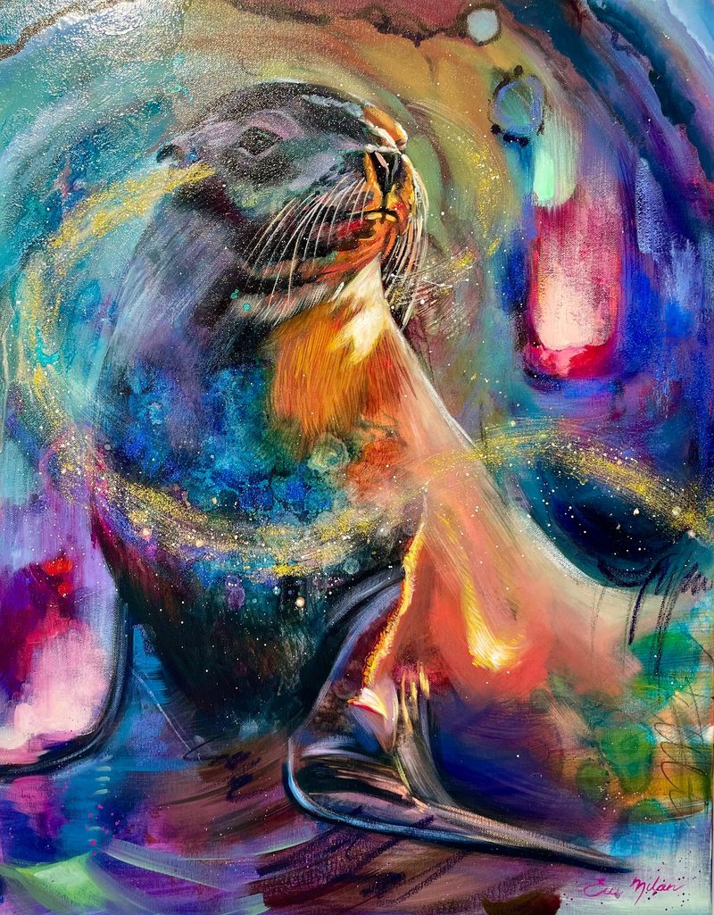 Hero by Elli Milan: a sea lion with swirling gold trails