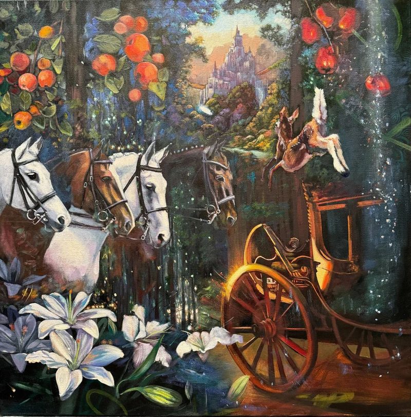 Hinds Feet on High Places by Elli Milan: four horses beside a carriage in a garden with lilies and castle