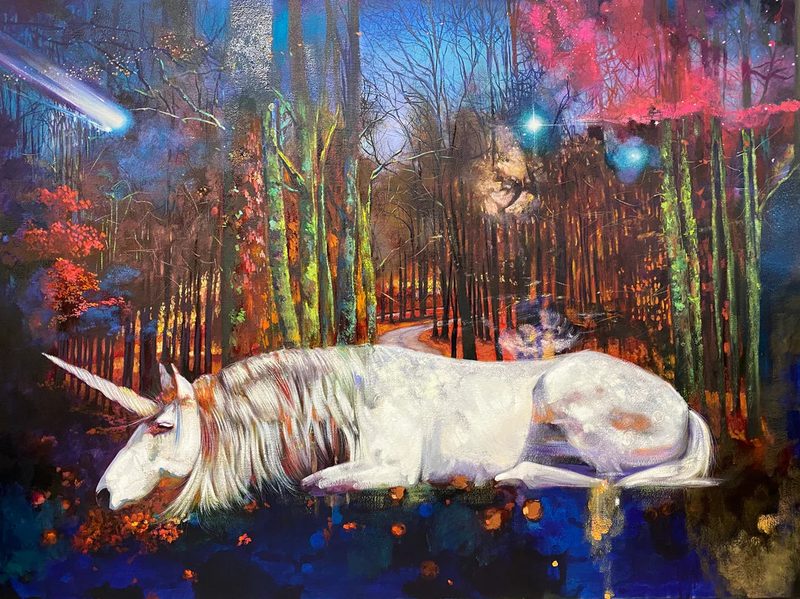 Justice of Peace by Elli Milan: white unicorn resting in a colorful forest under a comet