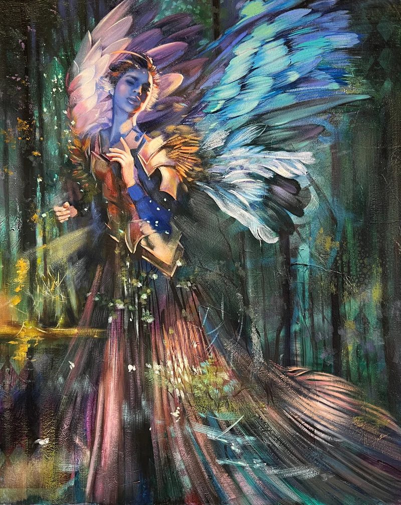 Pioneering by Elli Milan: woman with large blue and pink feathered wings in a forest