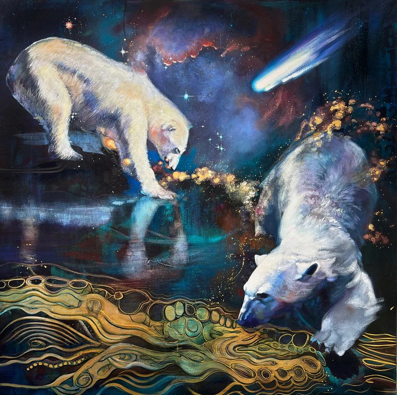 Well Laid Plans by Elli Milan: two polar bears beneath a starry sky with a comet