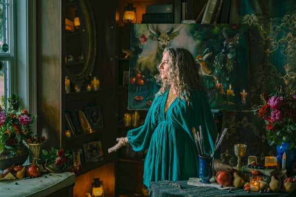 elli in studio in greeen dress