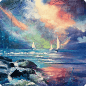 Painting of blue purple ocean with three sailboats and mixed color clouds peach blue white