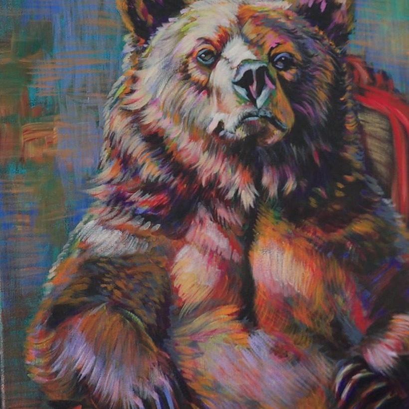 A bear painted in pure, optical color on a black canvas in the style of Van Gogh, the final challenge project