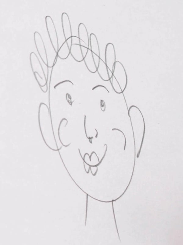 A child's symbol face: eyes near the top of the head, features floating in space