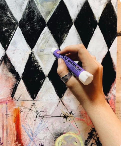 hand drawing on canvas pattern black and white cheecker