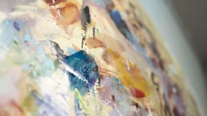 abstract painting with blue yellow red white brushstrokes