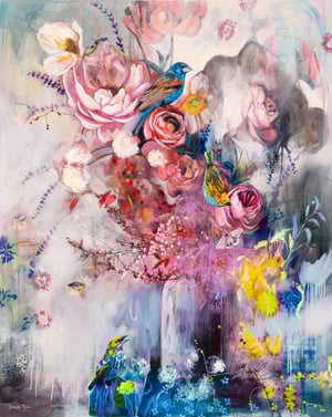 Mixed floral painting with bold colors pink grey yellow 
