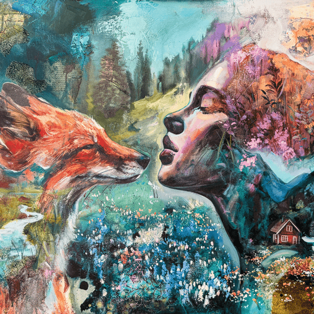 mixed media painting of girl and fox