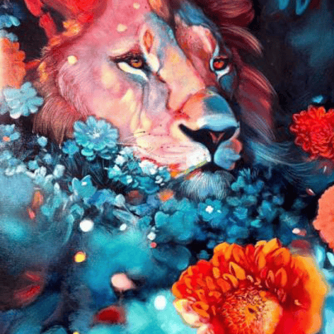 Vivid Color painting of lion blue orange