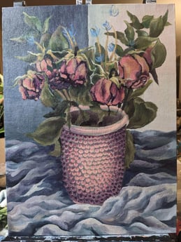 Painting of dried roses in pink vase
