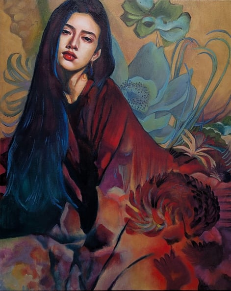 painting of women laying with blue and red flowers