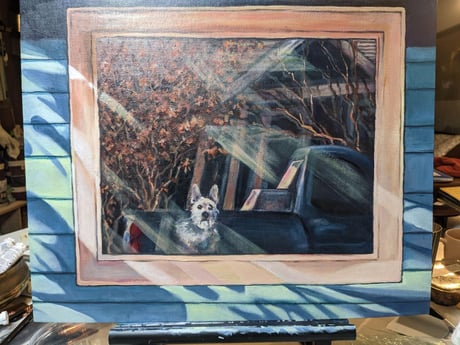 Painting of white dog and green truck