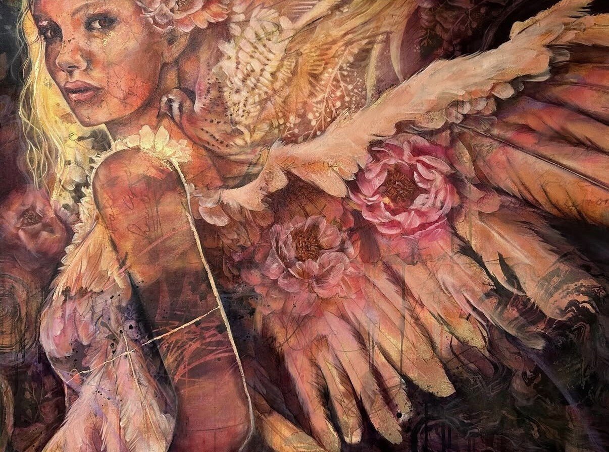 Painting of cream colored angel with roses in wings