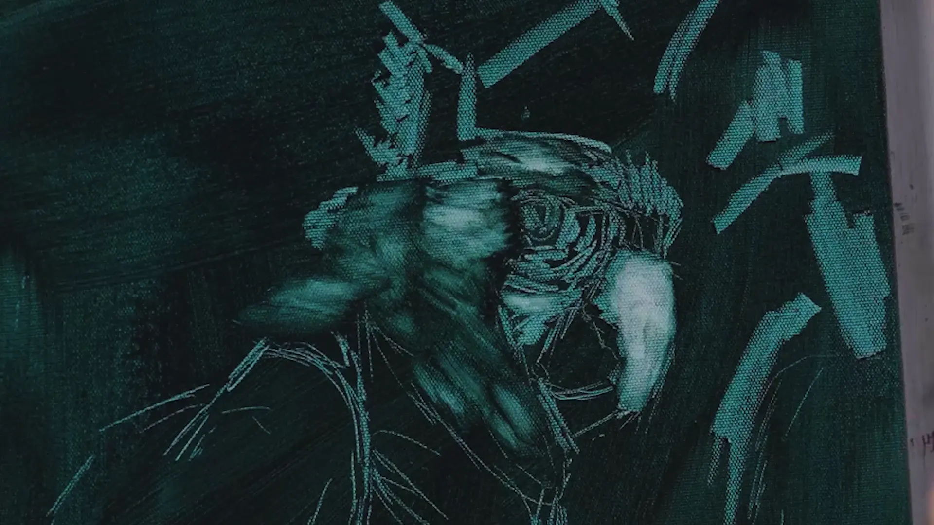 Light feather shapes lifted out of the dark green ground