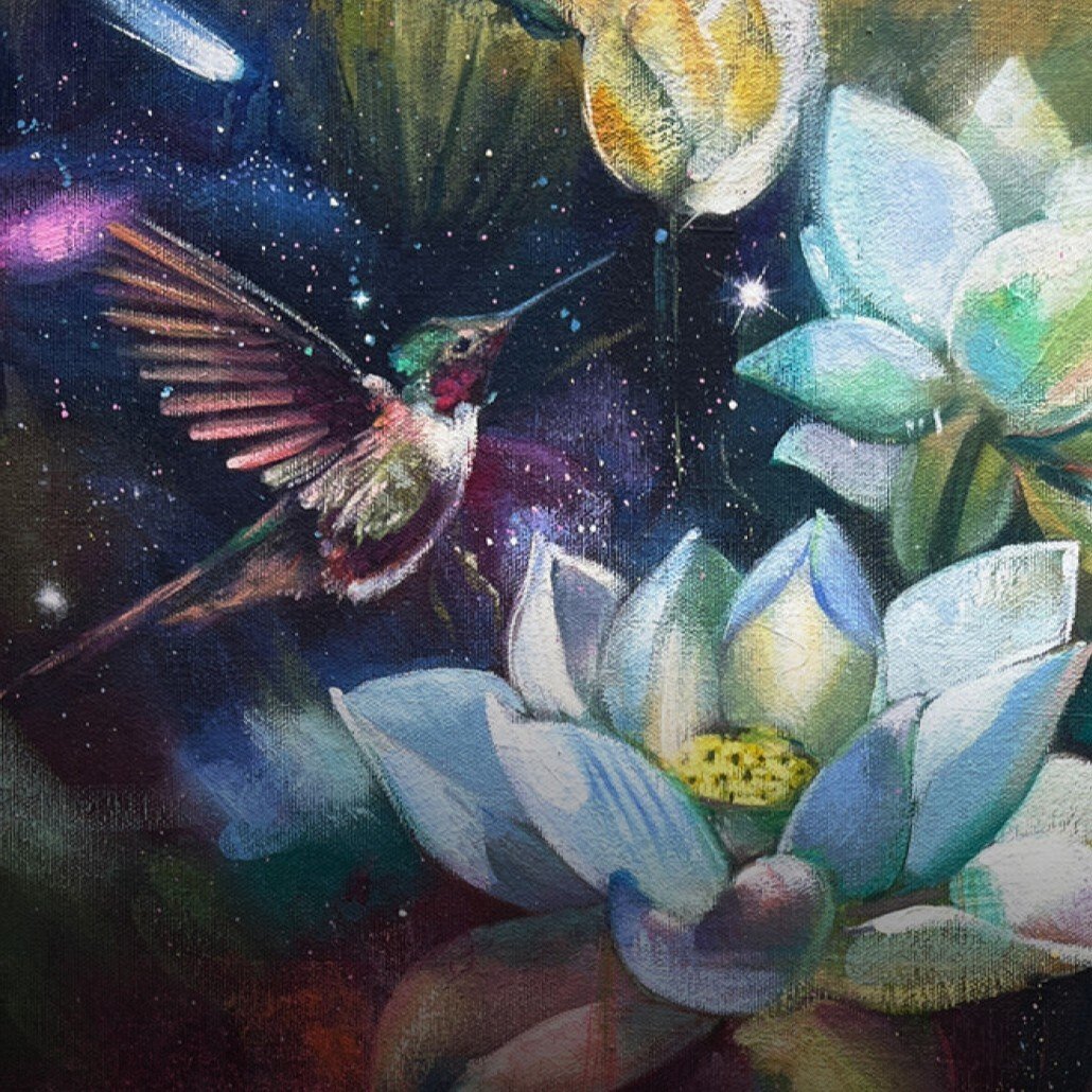Hummingbird painting with lotus flowers green leaves white petals blue background