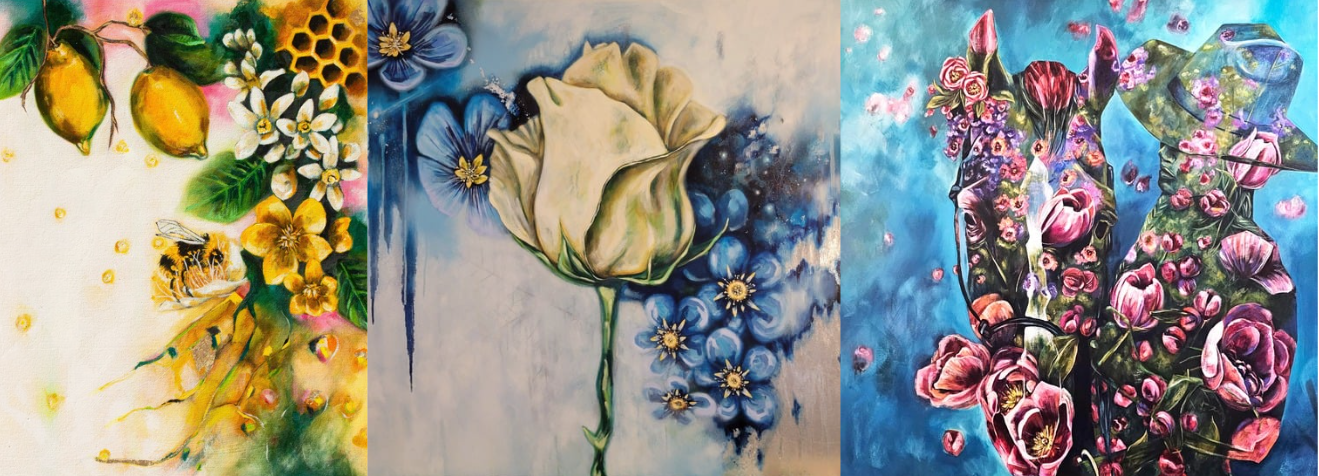 Various flower paintings mixed media