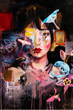 portrait of woman surrounded by symbols